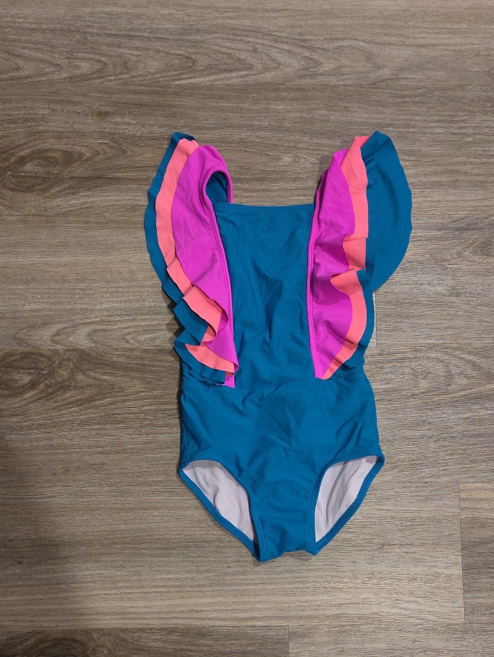 Beach Lingo Teal One-Piece Swimsuit with Pink and Coral Ruffle Straps Size 3t
